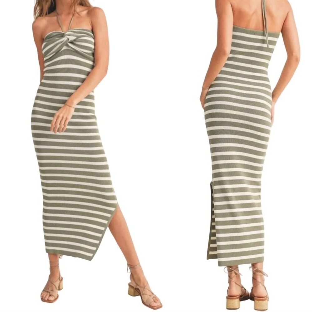 Miou Muse Striped Knitted Knot Front Maxi Dress Green White Large L